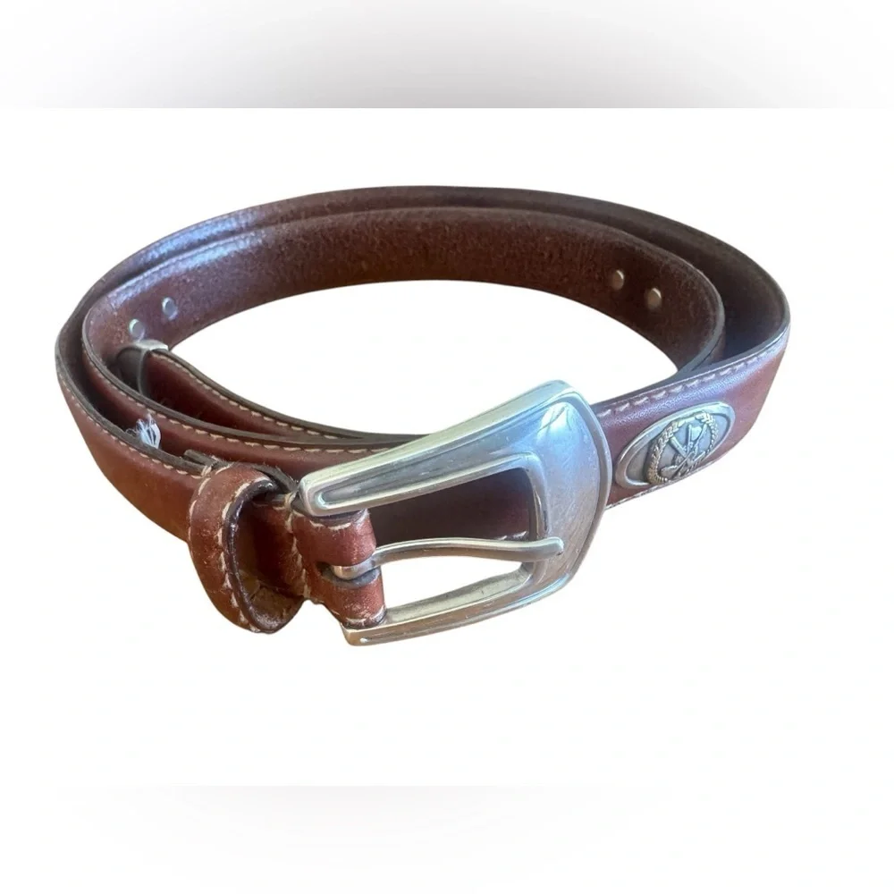 Fossil Italian Full Grain Cowhide Leather Golf Theme Medallion Belt Size 44